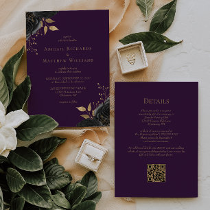 Romantic Black Gold Floral Purple QR Code Wedding Invitation
