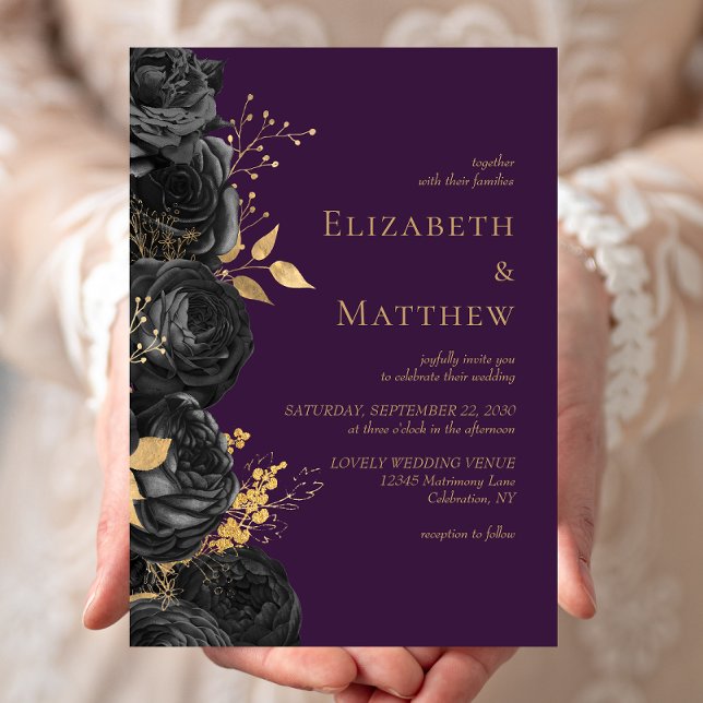 Romantic Black Gold Floral Purple Wedding Invitation (Creator Uploaded)