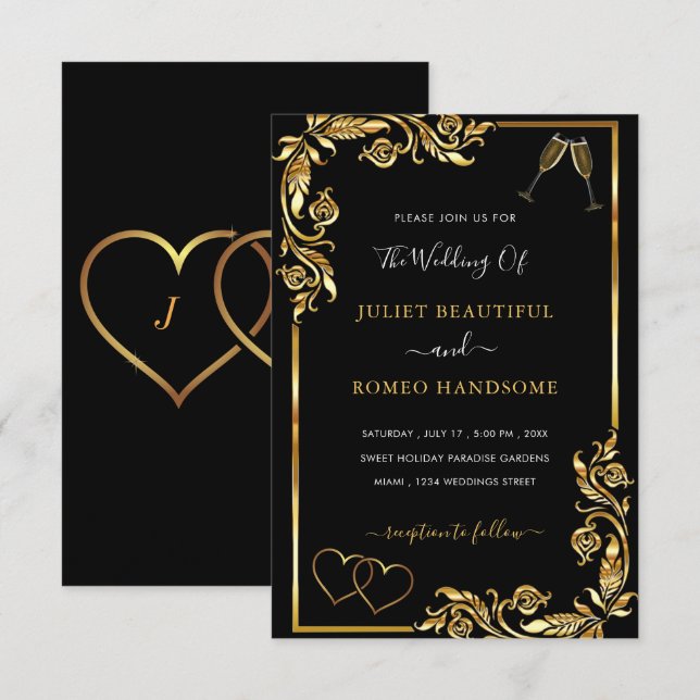Romantic Black Gold Wedding Invitation Template (Front/Back)