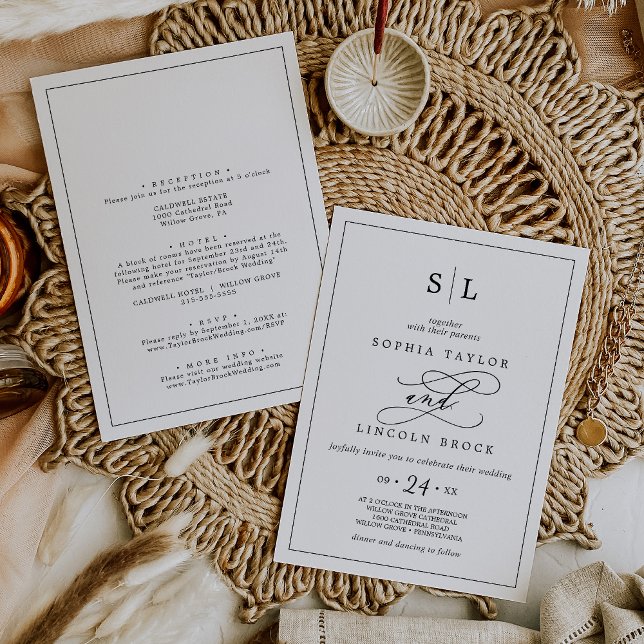 Romantic Black Monogram Frame All In One Wedding Invitation (Creator Uploaded)