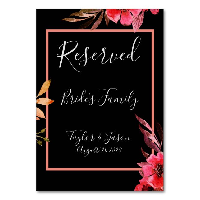 Romantic Black & Orange Floral Script Wedding Table Number (Front)