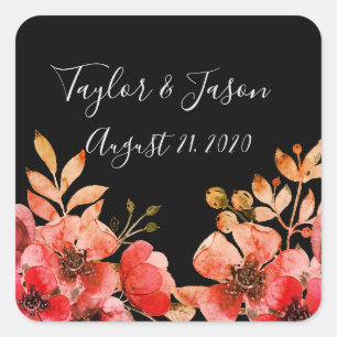 Romantic Black Peach Coral Wedding Square Sticker