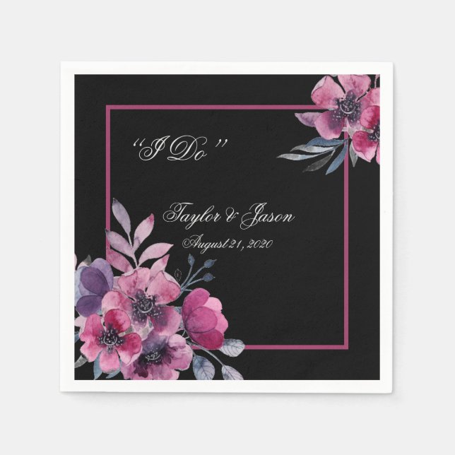 Romantic Black & Pink Floral Script Wedding Napkin (Front)