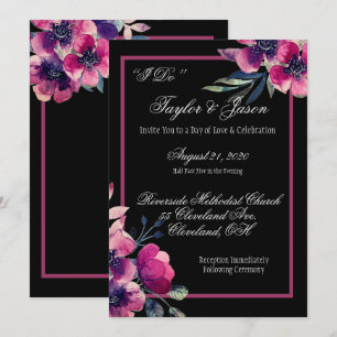 Romantic Black & Pink Floral Wedding Script Invitation