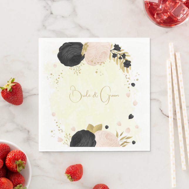 Romantic black & pink flowers gold napkin (Insitu)