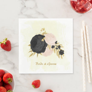 Romantic black & pink flowers gold napkin