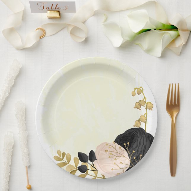 Romantic black & pink flowers gold wedding paper plate (Wedding)