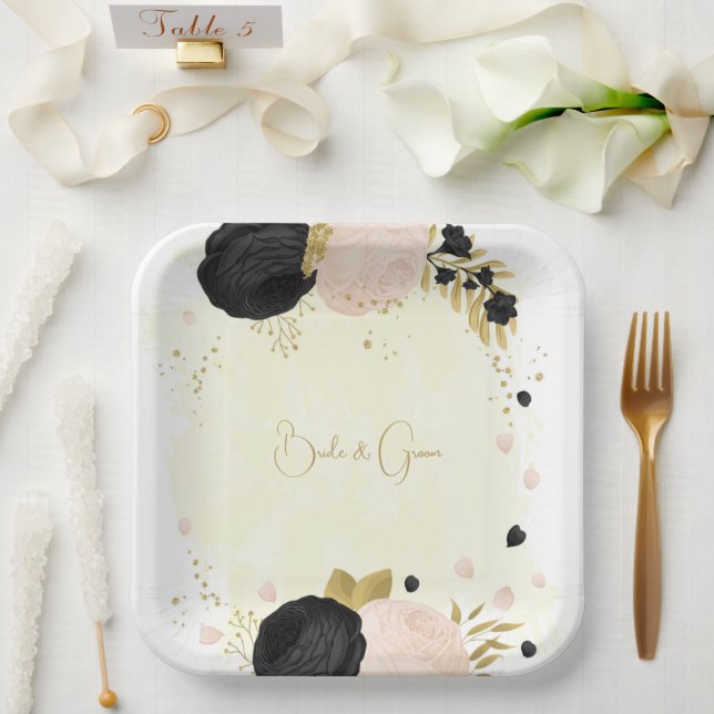 Romantic black & pink flowers gold wedding paper plate (Wedding)