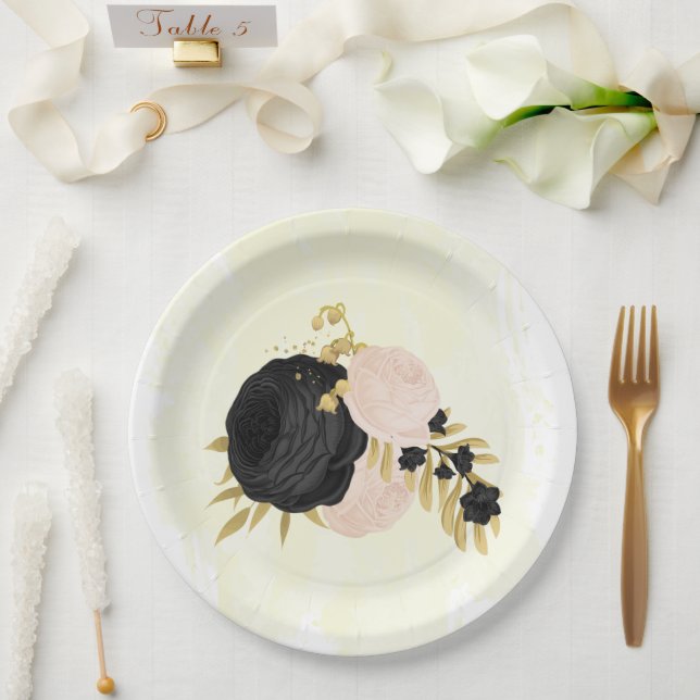 Romantic black & pink flowers gold wedding paper plate (Wedding)