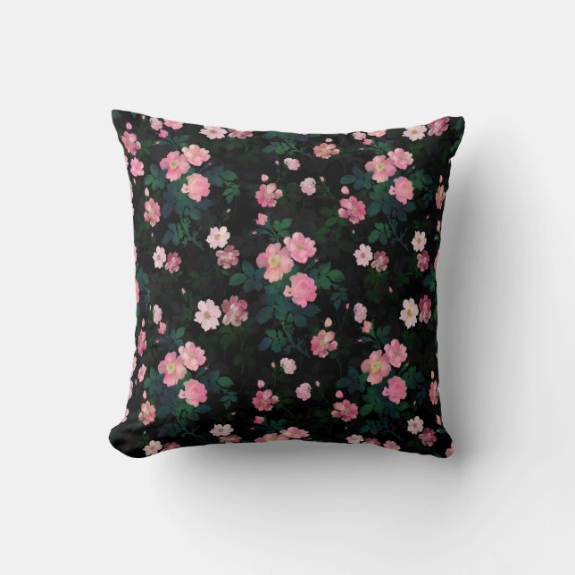 Romantic Black Pink Roses Floral Painting Throw Pillow (Front)