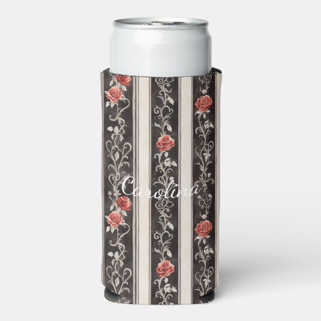 Romantic Black Red Stripes Roses Floral Seltzer Can Cooler (Seltzer Front)