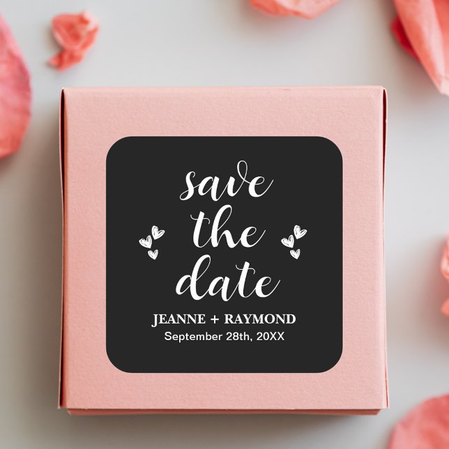 Romantic Black Save The Date Wedding Announcement  Square Sticker (Romantic black square save the date sticker adds bold elegant charm to wedding announcements.)