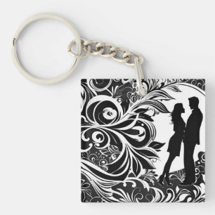 Romantic Black & White Floral Silhouette Couple Keychain