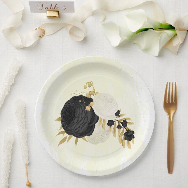 Romantic black & white flowers gold  paper plate (Wedding)