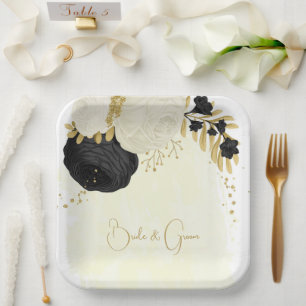 Romantic black & white flowers gold paper plate