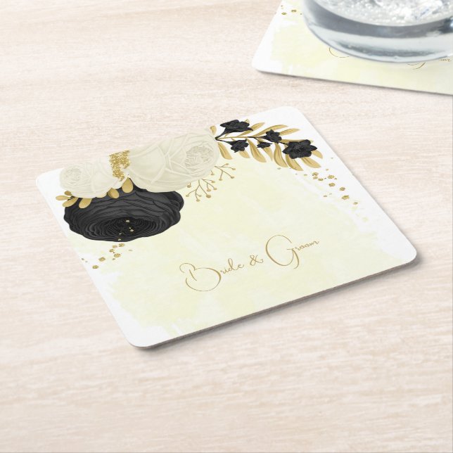 Romantic black & white flowers gold square paper coaster (Angled)