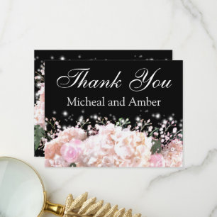 Romantic black & white lace hydrangeas pink roses  thank you card