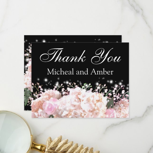 Romantic black & white lace hydrangeas pink roses  thank you card (Front/Back In Situ)