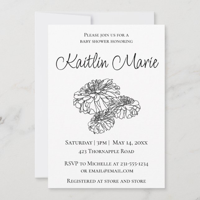 Romantic black white modern minimalist floral baby invitation (Front)