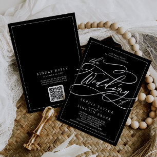 Romantic Black White QR Code All In One Wedding Invitation