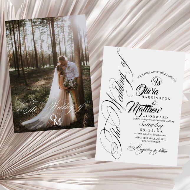 Romantic Black & White Script Photo Wedding Invitation (Creator Uploaded)