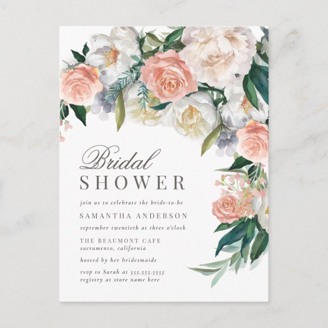 Romantic Bloom | Watercolor Floral Bridal Shower Invitation Postcard (Front)
