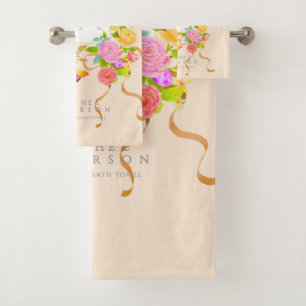 Romantic Blooming Garden Monogram Beige Bath Towel Set