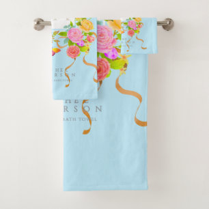 Romantic Blooming Garden Monogram Blue Bath Towel Set