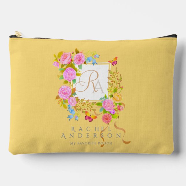Romantic Blooming Garden Monogram Gold Yellow Accessory Pouch (Front)