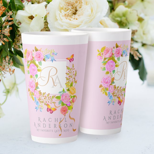 Romantic Blooming Garden Monogram Pink Latte Mug (Elegant romantic flowers monogram design.)