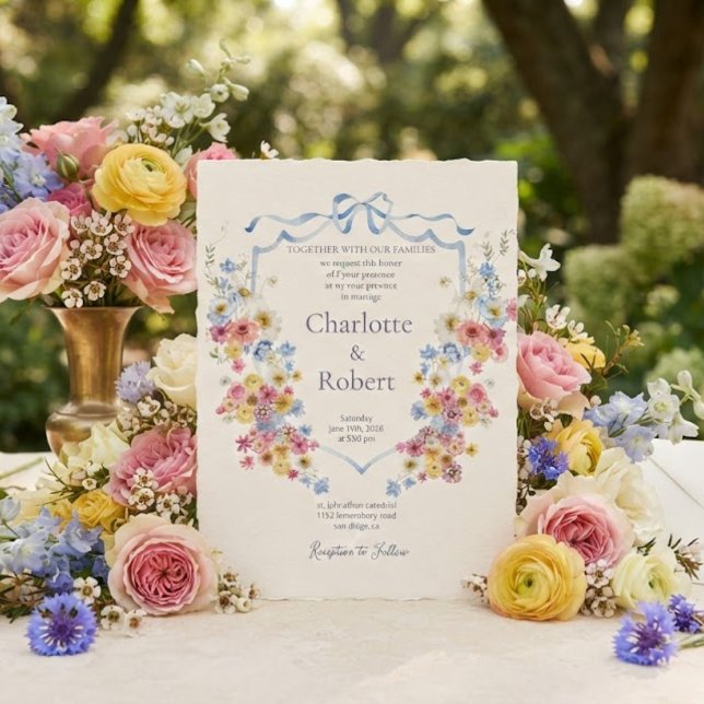 Romantic Blooms Around Crest Botanical Wedding Invitation (Creator Uploaded)
