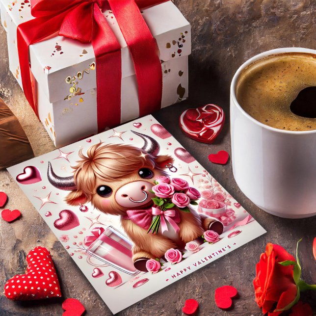 Romantic Blooms Highland Cow Valentine's Holiday Card (Creator Uploaded)