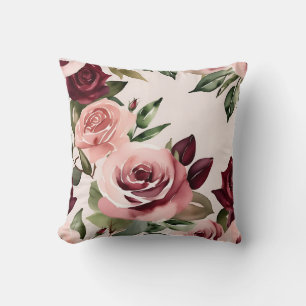 Romantic Blooms Watercolor Roses Burgundy Throw Pillow