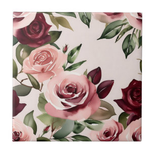 Romantic Blooms Watercolor Roses Burgundy Tile