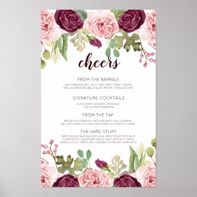 Romantic Blooms Wedding Bar Menu Poster (Front)