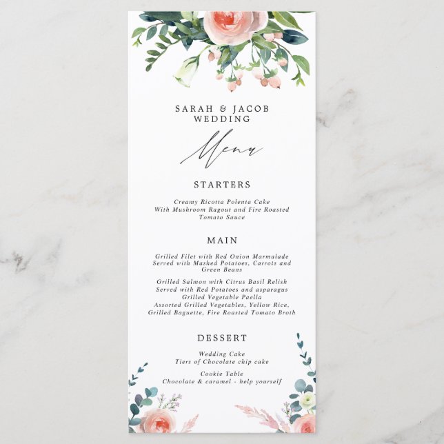 Romantic Blossoms Blush Pink Floral Wedding Menu (Front)