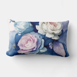 Romantic Blue and Blush Watercolor Roses Floral Ar Lumbar Pillow