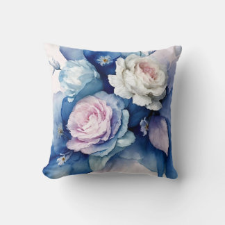 Romantic Blue and Blush Watercolor Roses Floral Ar Throw Pillow