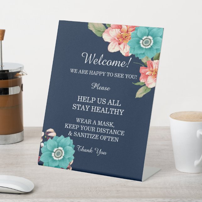 Romantic Blue And Pink Floral Botanical Safety Pedestal Sign (In SItu)
