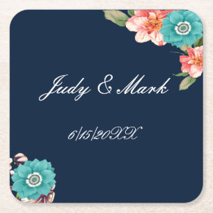Romantic Blue And Pink Floral Botanical  Square Paper Coaster