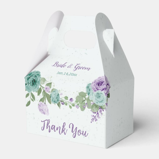 romantic blue and purple flowers greenery wedding favor box (Front Side)