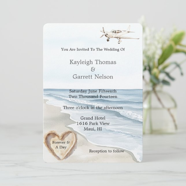Romantic Blue Beach Ocean Airplane Heart Wedding Invitation (Standing Front)