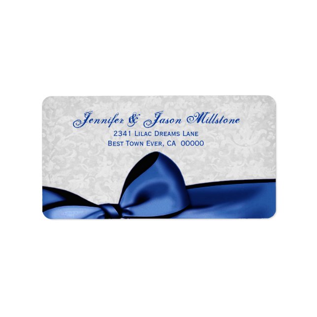 Romantic Blue Bow and Silver Grey Damask Wedding Label (Front)