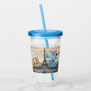 romantic blue butterfly french paris eiffel tower acrylic tumbler
