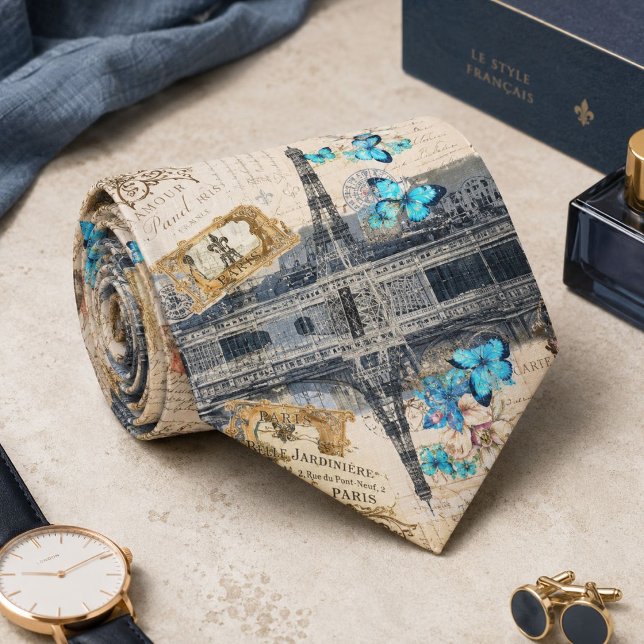 romantic blue butterfly french paris eiffel tower tie (romantic blue butterfly french paris eiffel tower neck tie)