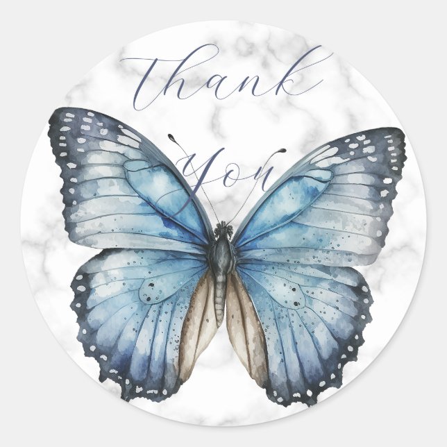 Romantic blue butterfly thank you classic round sticker (Front)