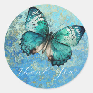 Romantic blue butterfly thank you classic round sticker