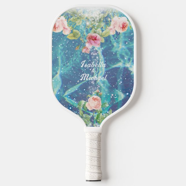 Romantic blue customized couple names  pickleball pickleball paddle (Front)