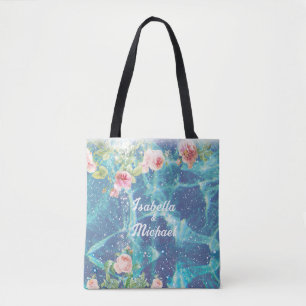 Romantic blue customized couple names Sticker Tote Bag