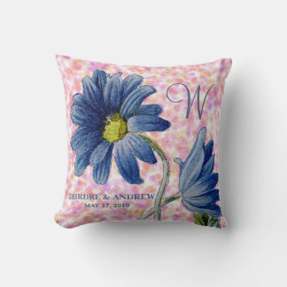 Romantic Blue Daisy Rose Monogram Initial Wedding Throw Pillow